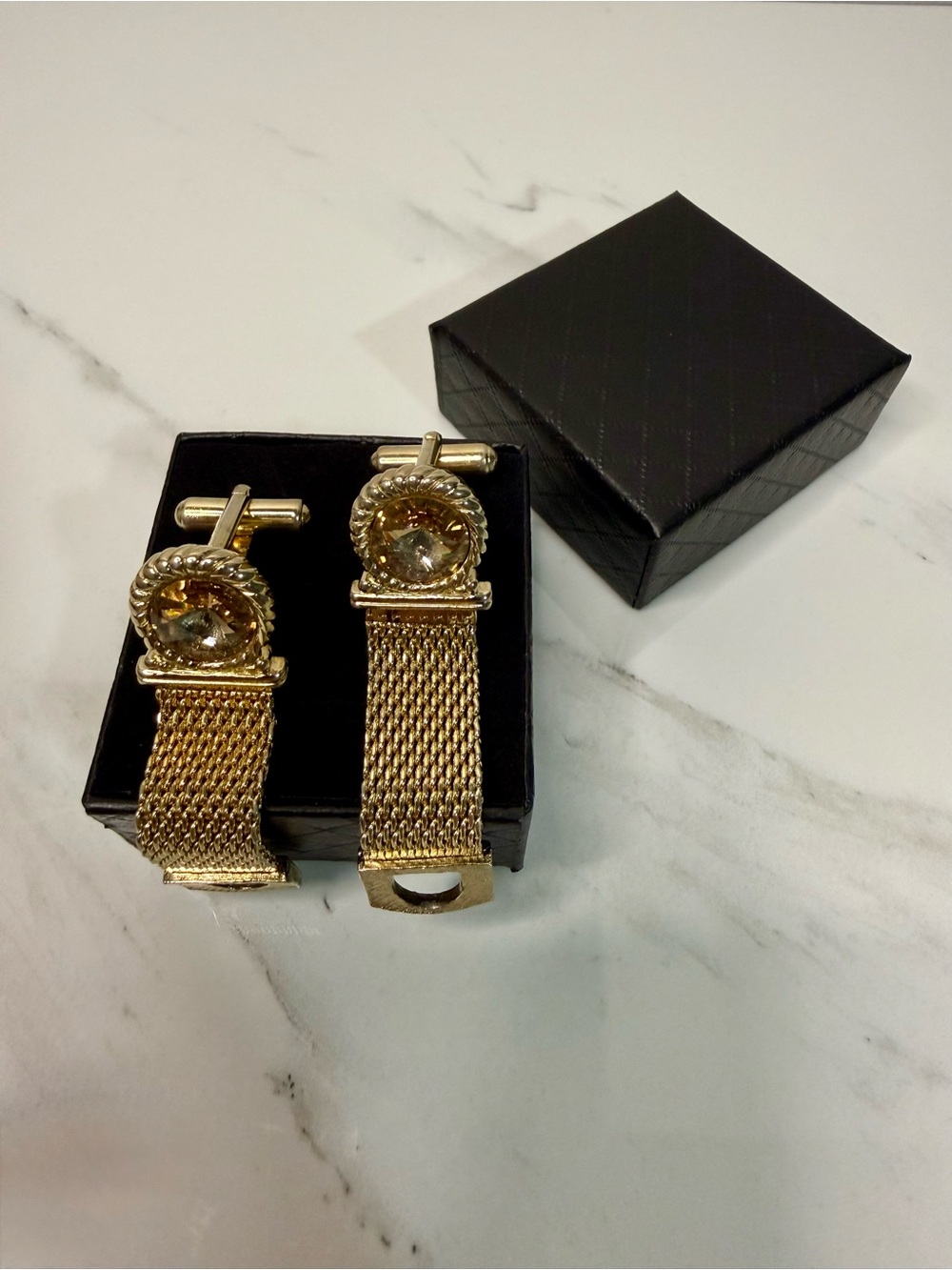 Gold Tone Mesh Cufflinks with Faceted Crystal Accent